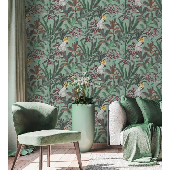 Papel pintado cacatúas efecto pátina craquelada tono verde salvia - Cockatoo Bright 684979