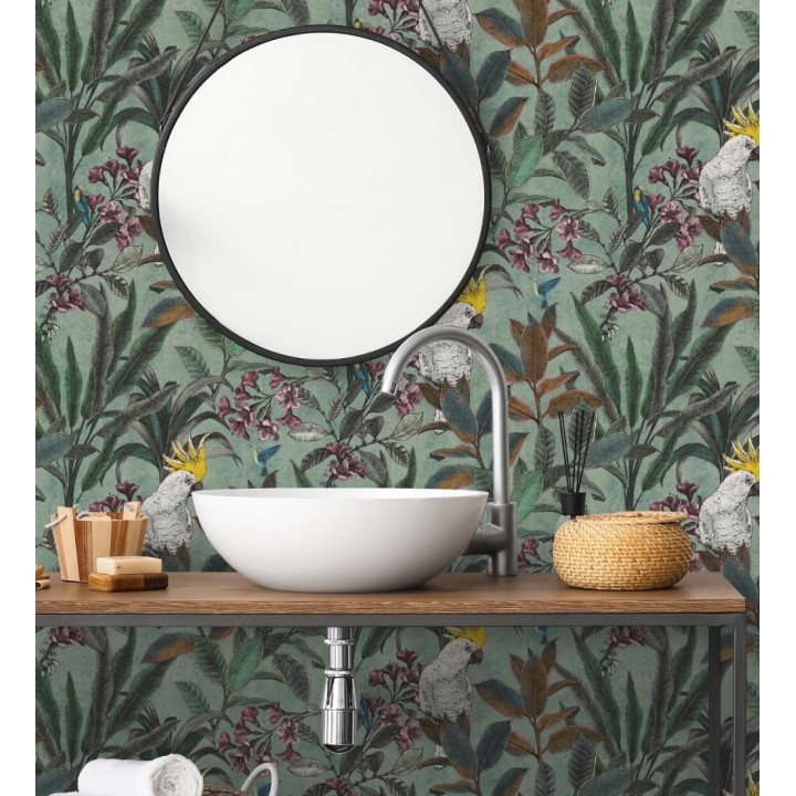 Papel pintado cacatúas efecto pátina craquelada tono verde salvia - Cockatoo Bright 684979