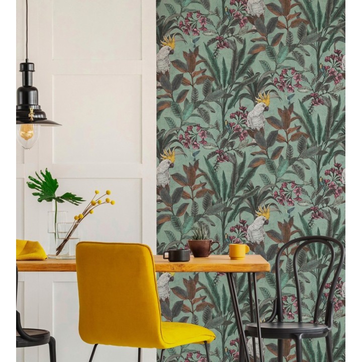 Papel pintado cacatúas efecto pátina craquelada tono verde salvia - Cockatoo Bright 684979