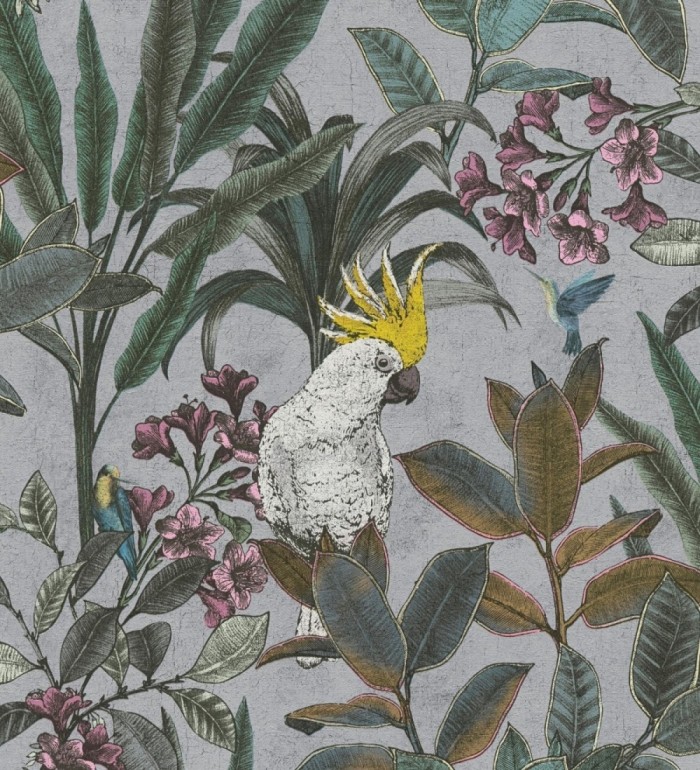 Papel pintado cacatúas efecto pátina craquelada tono gris lavanda claro - Cockatoo Bright 684980