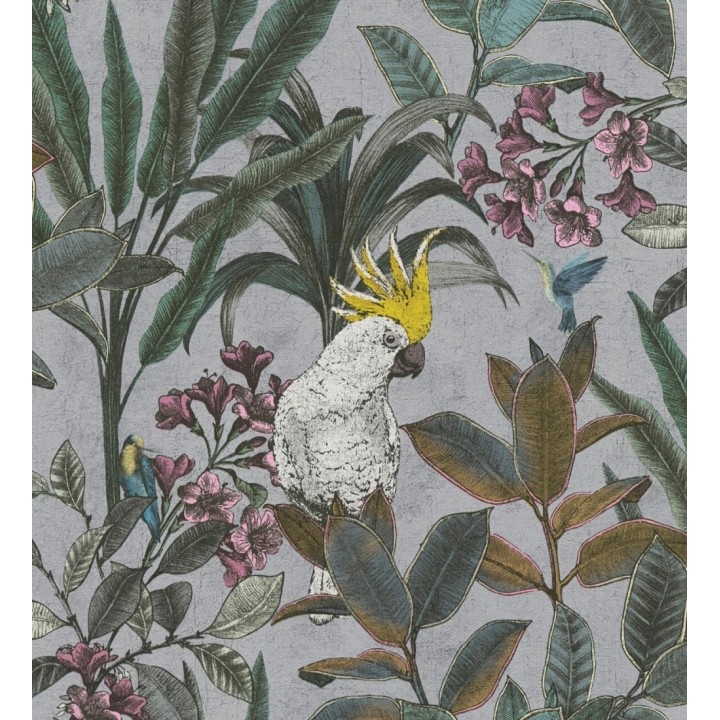 Papel pintado cacatúas efecto pátina craquelada tono gris lavanda claro - Cockatoo Bright 684980