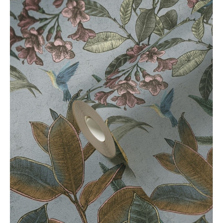 Papel pintado cacatúas efecto pátina craquelada tono gris lavanda claro - Cockatoo Bright 684980