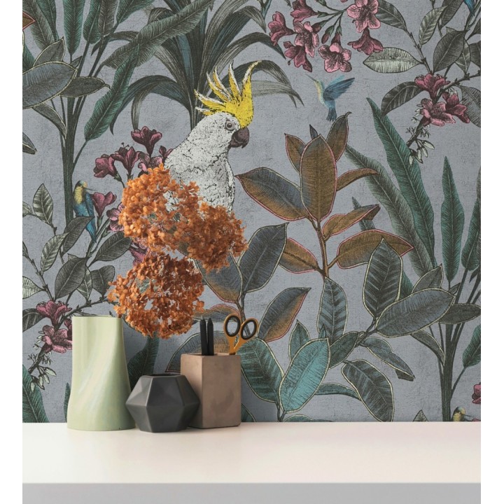 Papel pintado cacatúas efecto pátina craquelada tono gris lavanda claro - Cockatoo Bright 684980
