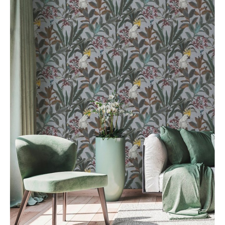 Papel pintado cacatúas efecto pátina craquelada tono gris lavanda claro - Cockatoo Bright 684980