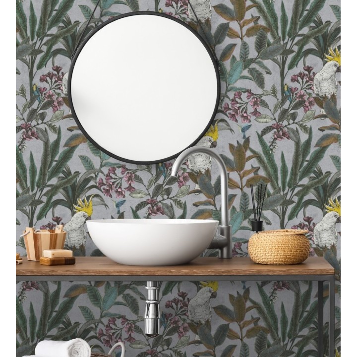 Papel pintado cacatúas efecto pátina craquelada tono gris lavanda claro - Cockatoo Bright 684980