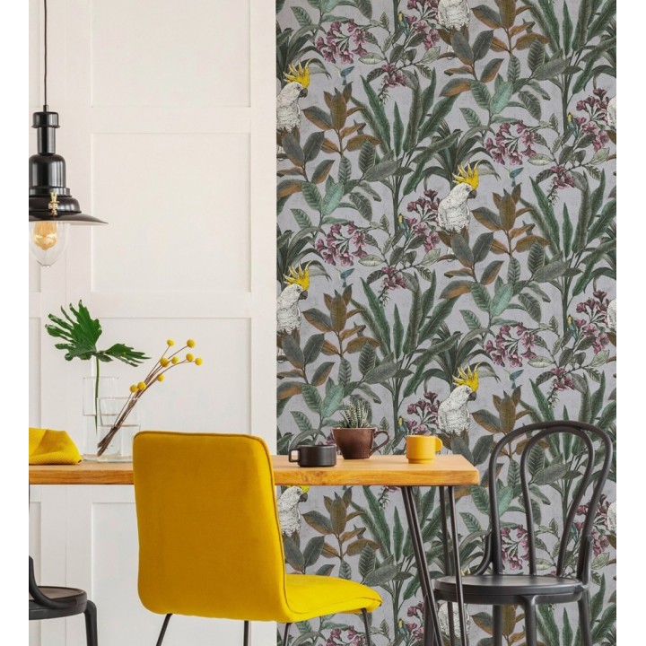 Papel pintado cacatúas efecto pátina craquelada tono gris lavanda claro - Cockatoo Bright 684980