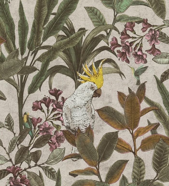 Papel pintado cacatúas efecto pátina craquelada tono arena - Cockatoo Bright 684981