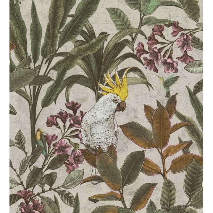 Papel pintado cacatúas efecto pátina craquelada tono arena - Cockatoo Bright 684981