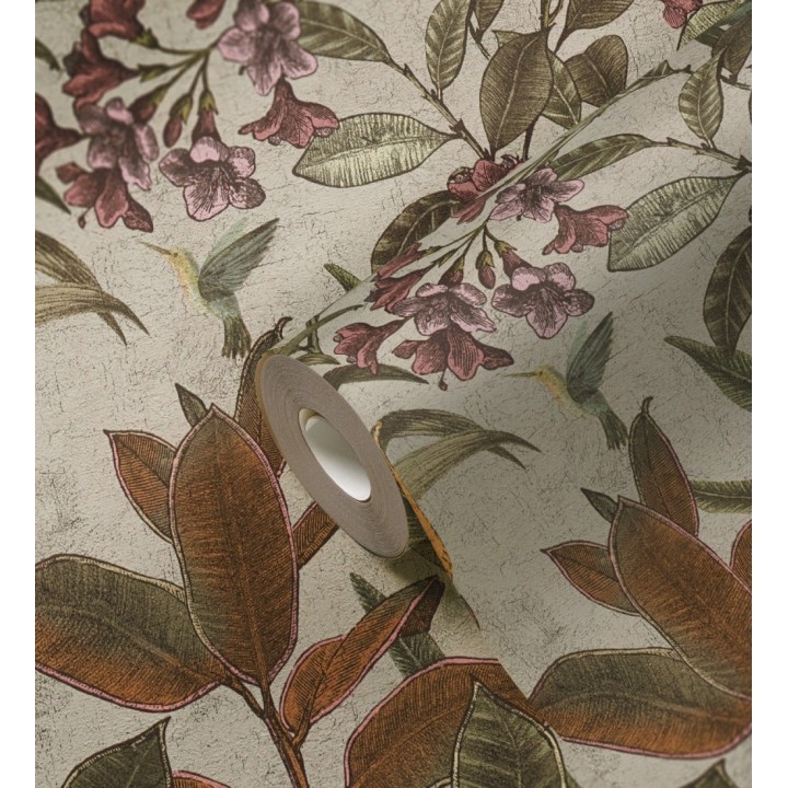 Papel pintado cacatúas efecto pátina craquelada tono arena - Cockatoo Bright 684981