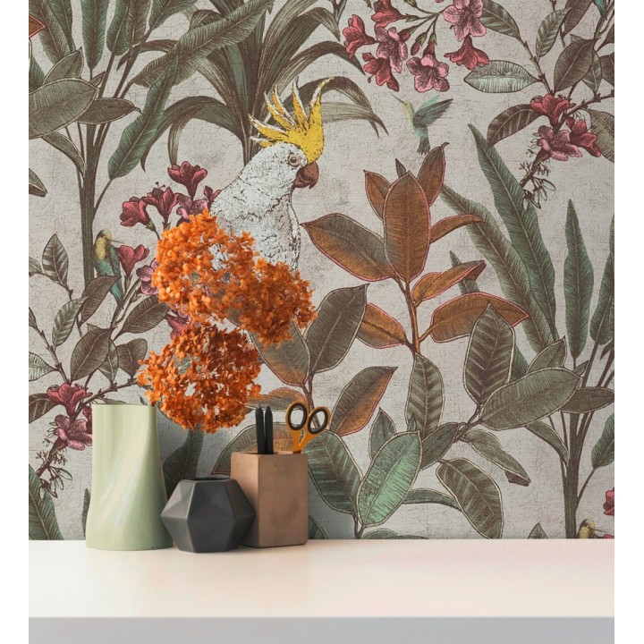 Papel pintado cacatúas efecto pátina craquelada tono arena - Cockatoo Bright 684981