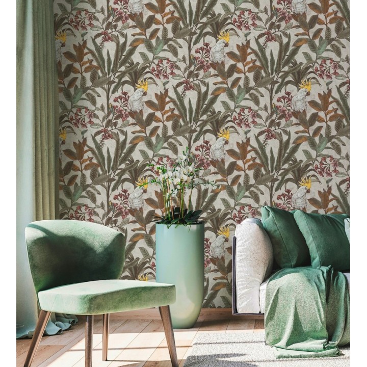 Papel pintado cacatúas efecto pátina craquelada tono arena - Cockatoo Bright 684981