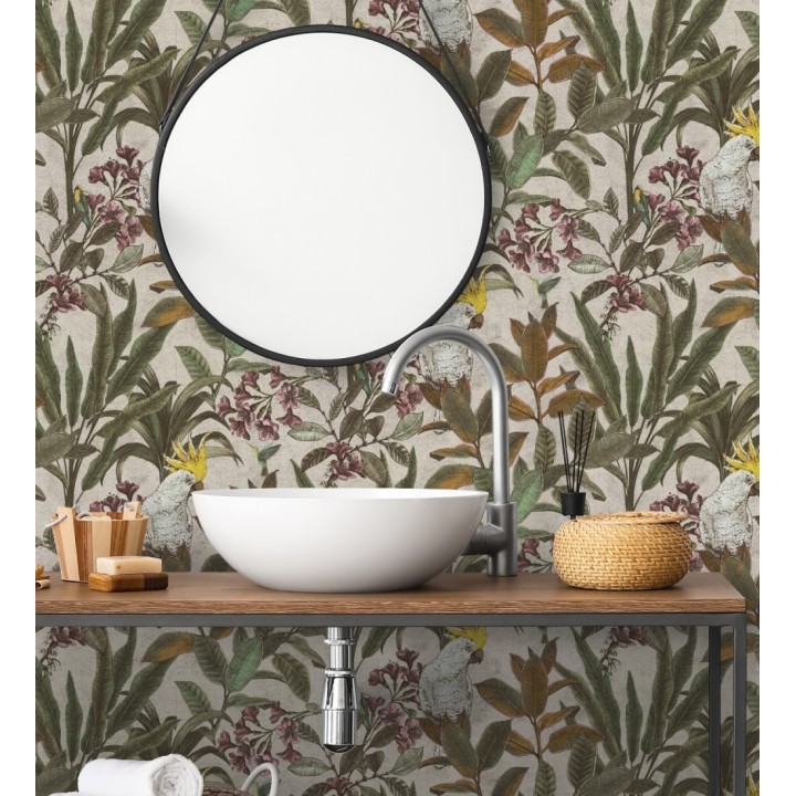 Papel pintado cacatúas efecto pátina craquelada tono arena - Cockatoo Bright 684981