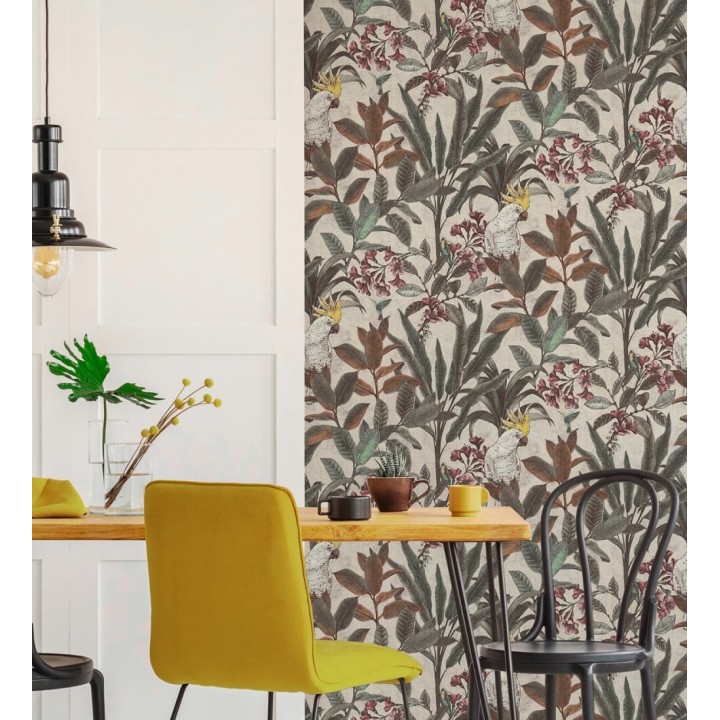 Papel pintado cacatúas efecto pátina craquelada tono arena - Cockatoo Bright 684981