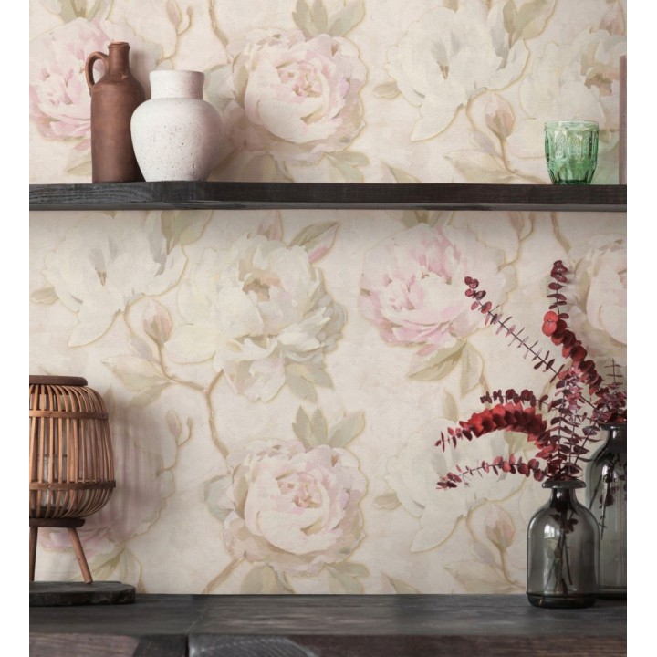 Papel pintado de peonías óleo vintage refinado fondo crema - Florence Graceful 684982