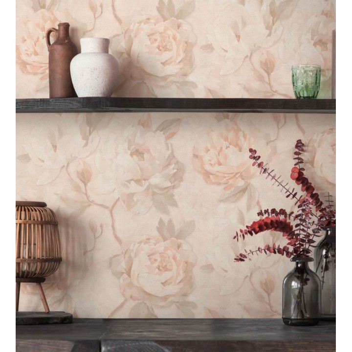 Papel pintado de peonías óleo vintage refinado fondo albaricoque claro - Florence Graceful 684983