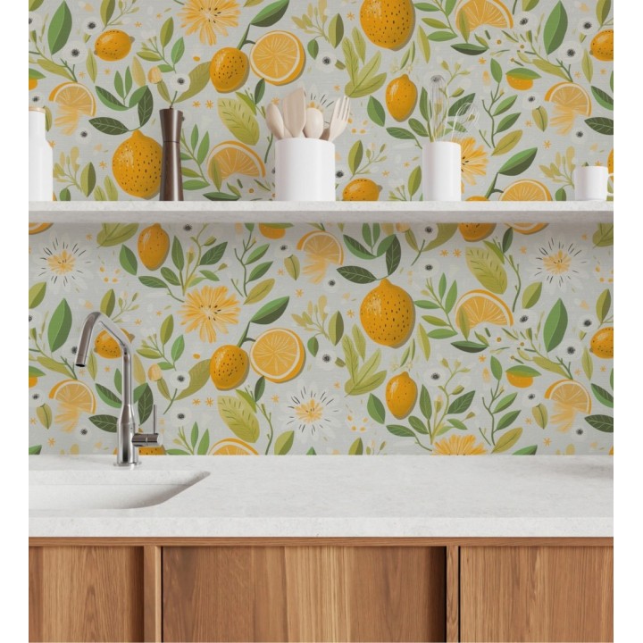 Papel pintado limones estilo chic campestre fondo gris glaciar - Citrus Sweet 684985