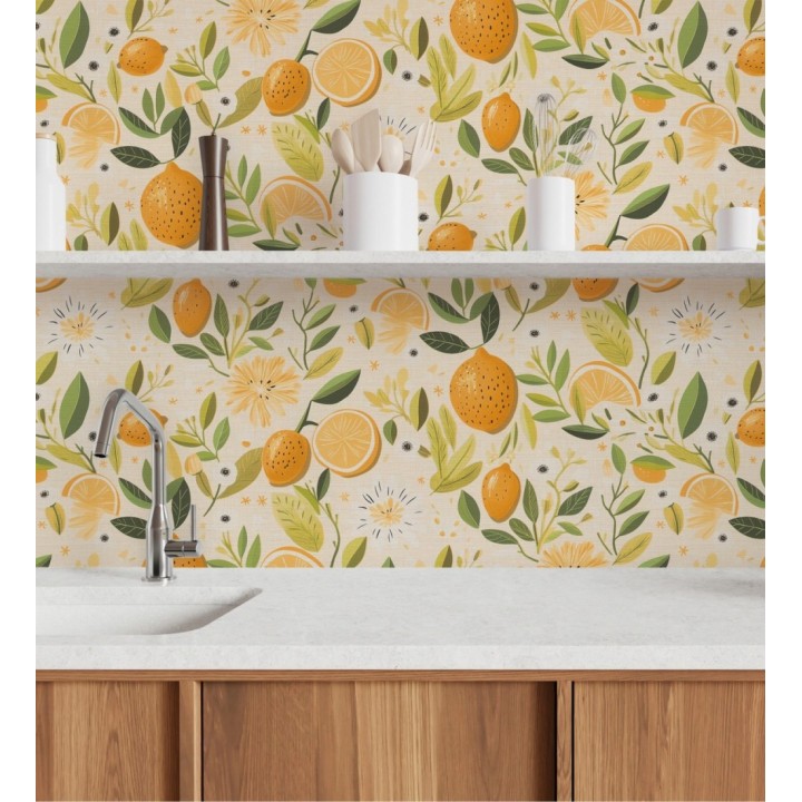 Papel pintado limones estilo chic campestre fondo arena - Citrus Sweet 684986