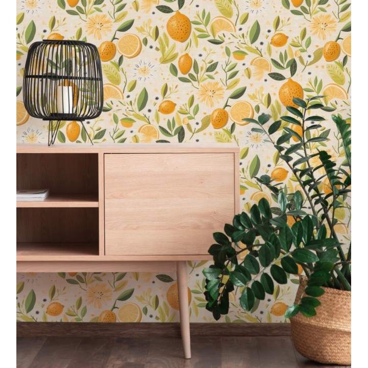 Papel pintado limones estilo chic campestre fondo arena - Citrus Sweet 684986