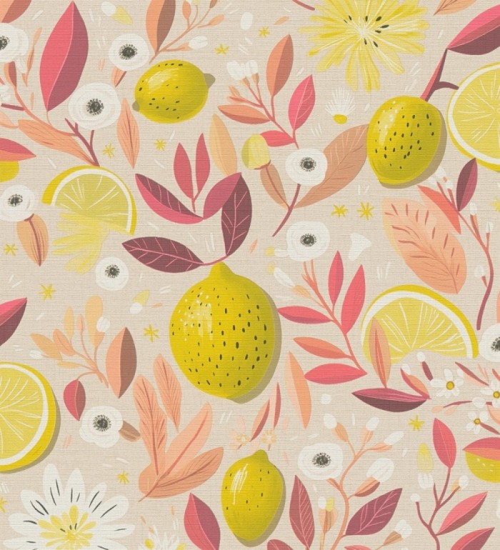 Papel pintado limones estilo chic campestre fondo beige tostado - Citrus Sweet 684987