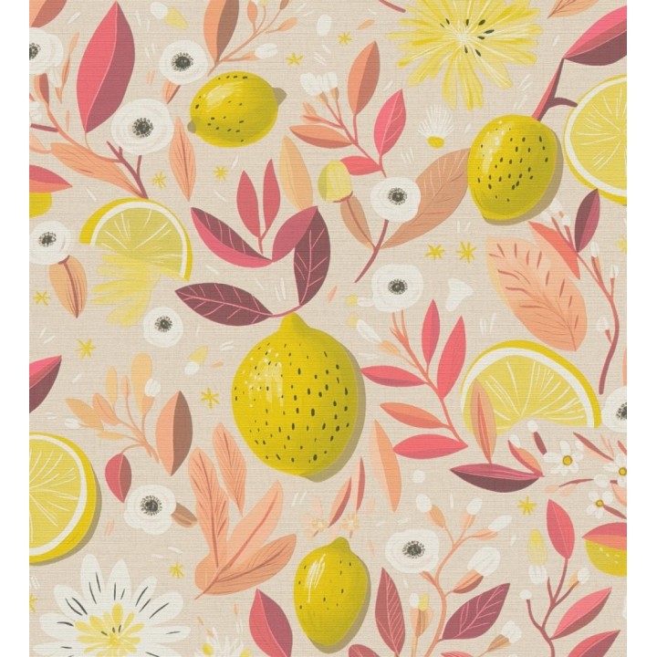 Papel pintado limones estilo chic campestre fondo beige tostado - Citrus Sweet 684987