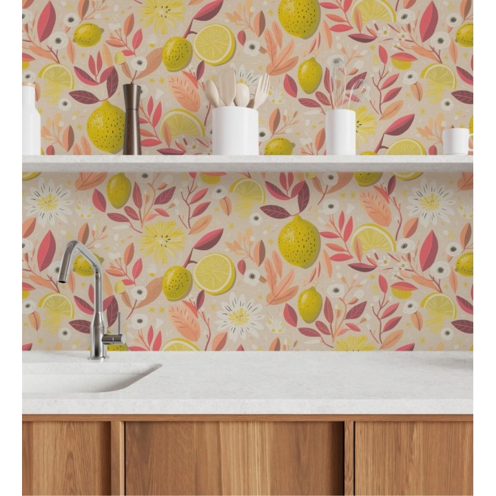 Papel pintado limones estilo chic campestre fondo beige tostado - Citrus Sweet 684987