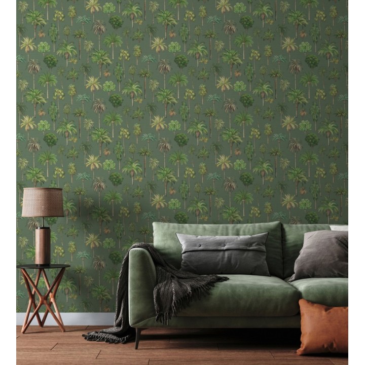 Papel pintado botánico de palmeras coloniales fondo verde - Savanna Palm 684992