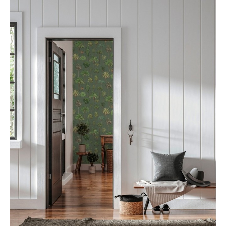 Papel pintado botánico de palmeras coloniales fondo verde - Savanna Palm 684992