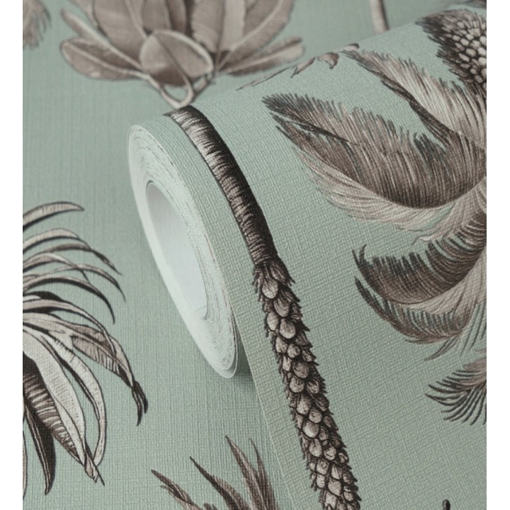 Papel pintado botánico de palmeras coloniales fondo verde agua - Savanna Palm 684993