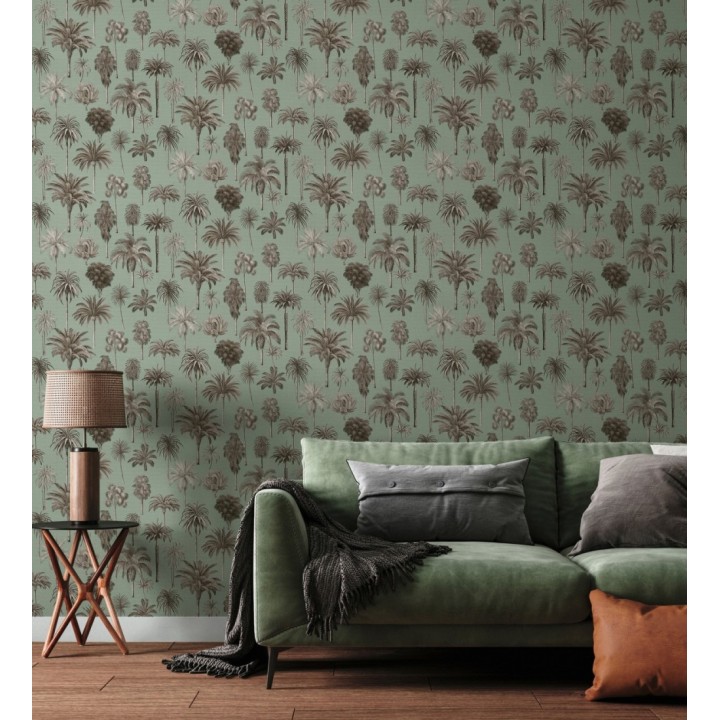 Papel pintado botánico de palmeras coloniales fondo verde agua - Savanna Palm 684993