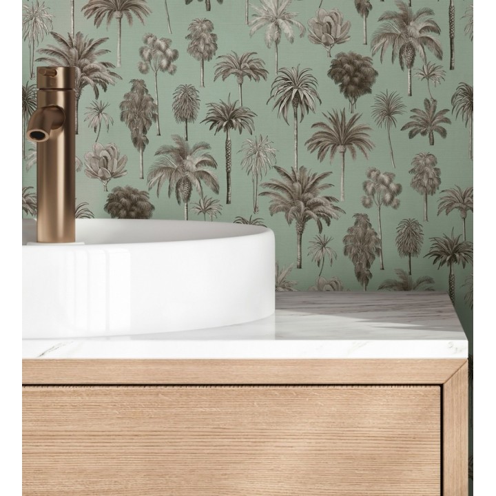 Papel pintado botánico de palmeras coloniales fondo verde agua - Savanna Palm 684993