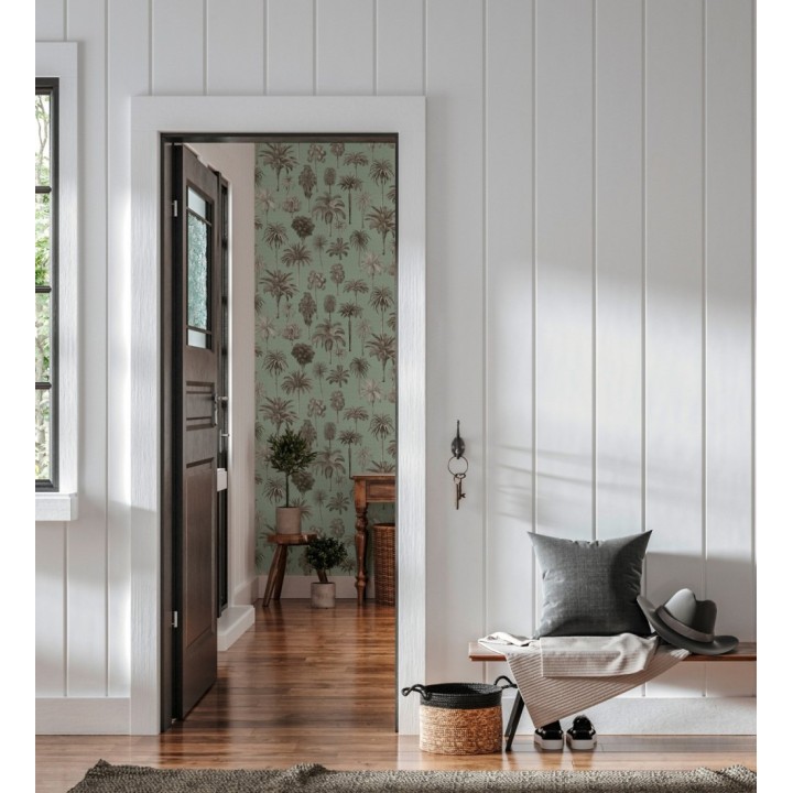 Papel pintado botánico de palmeras coloniales fondo verde agua - Savanna Palm 684993