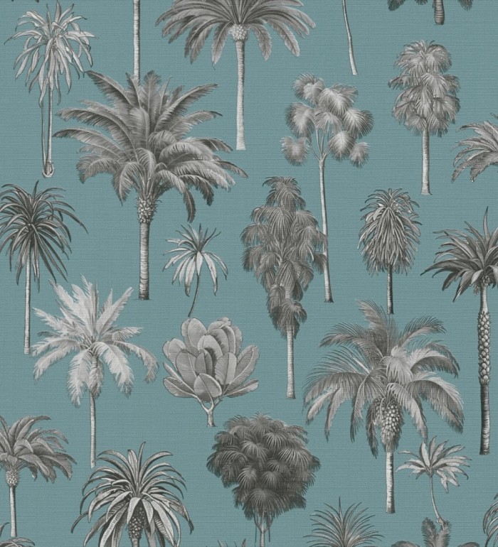 Papel pintado botánico de palmeras coloniales fondo turquesa - Savanna Palm 684994
