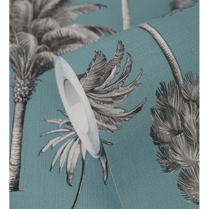 Papel pintado botánico de palmeras coloniales fondo turquesa - Savanna Palm 684994