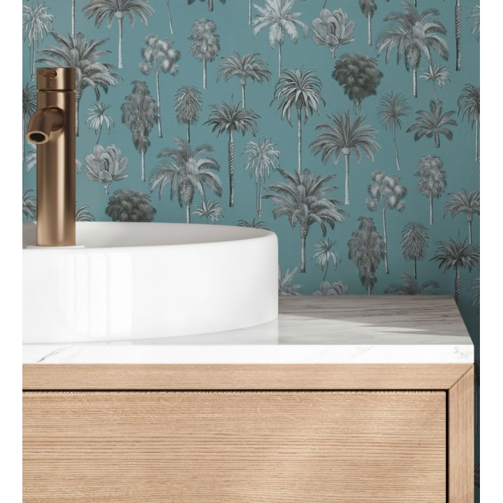 Papel pintado botánico de palmeras coloniales fondo turquesa - Savanna Palm 684994