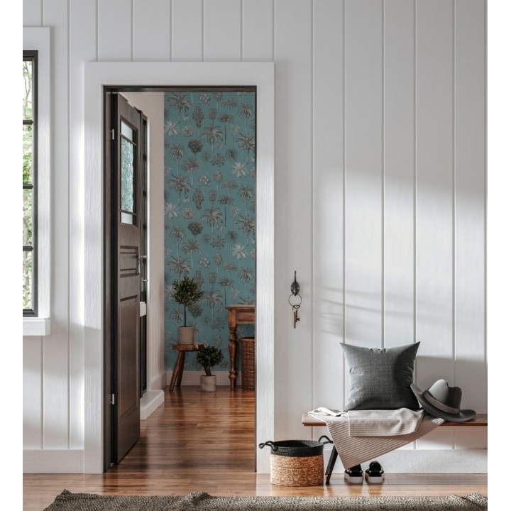 Papel pintado botánico de palmeras coloniales fondo turquesa - Savanna Palm 684994