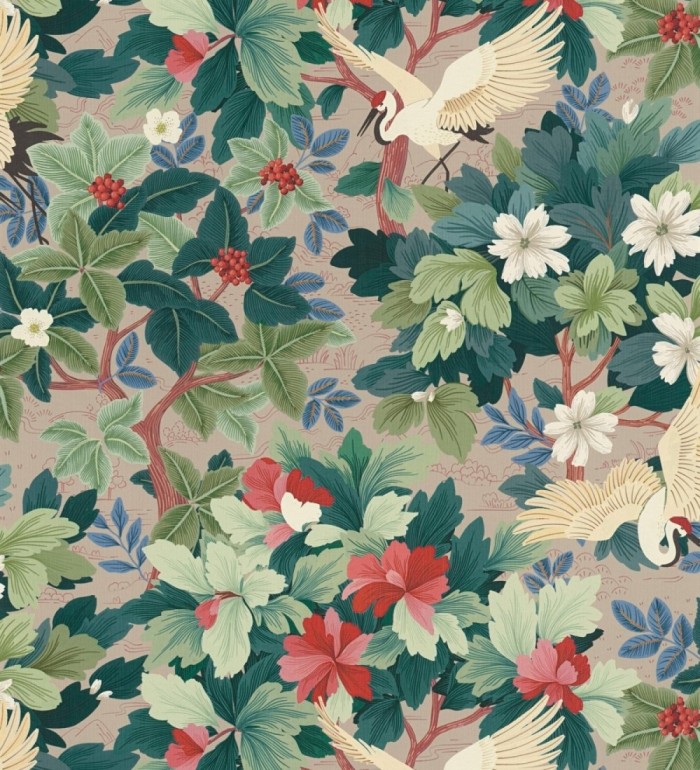 Papel pintado jardín japonés grullas y flores fondo beige - Sakura Vibrant 684995