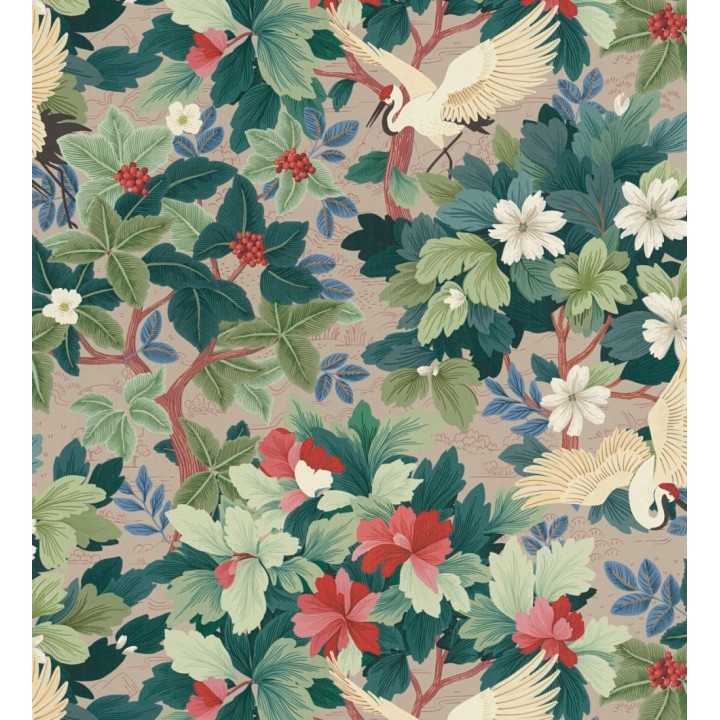 Papel pintado jardín japonés grullas y flores fondo beige - Sakura Vibrant 684995