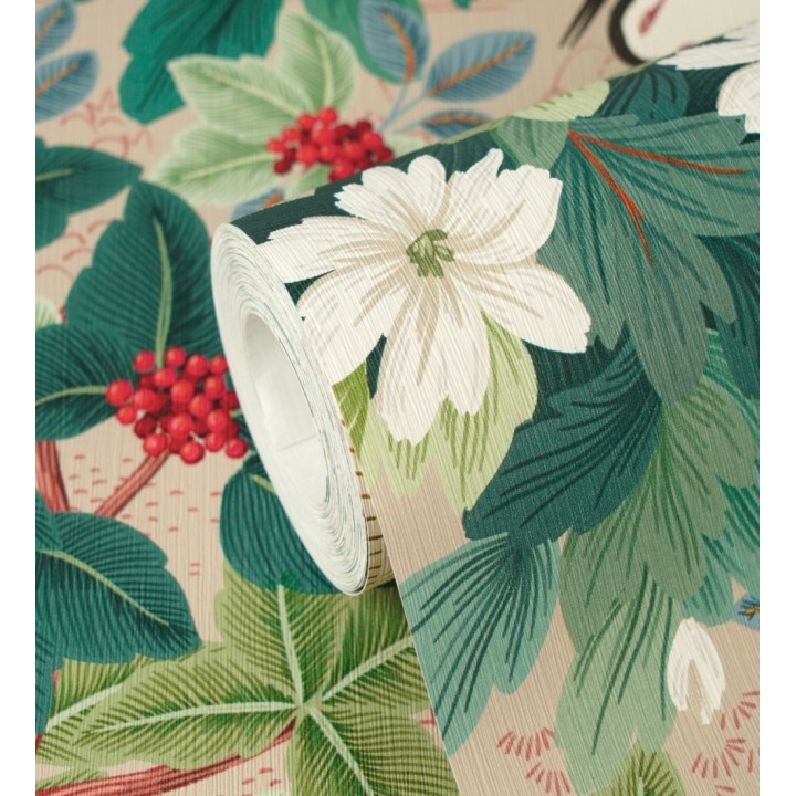 Papel pintado jardín japonés grullas y flores fondo beige - Sakura Vibrant 684995