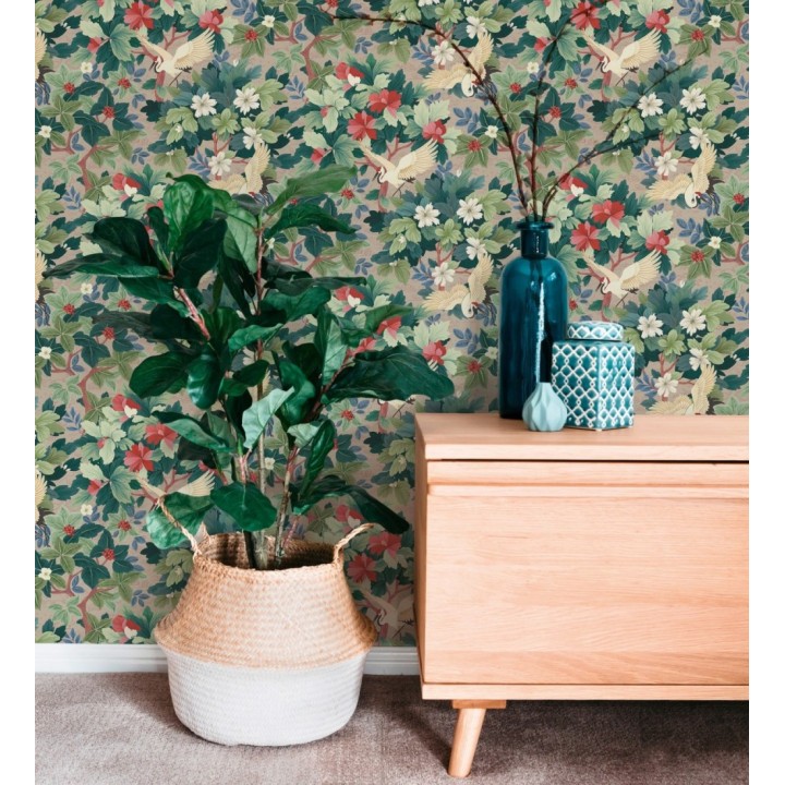 Papel pintado jardín japonés grullas y flores fondo beige - Sakura Vibrant 684995