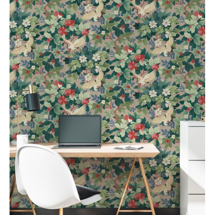 Papel pintado jardín japonés grullas y flores fondo beige - Sakura Vibrant 684995