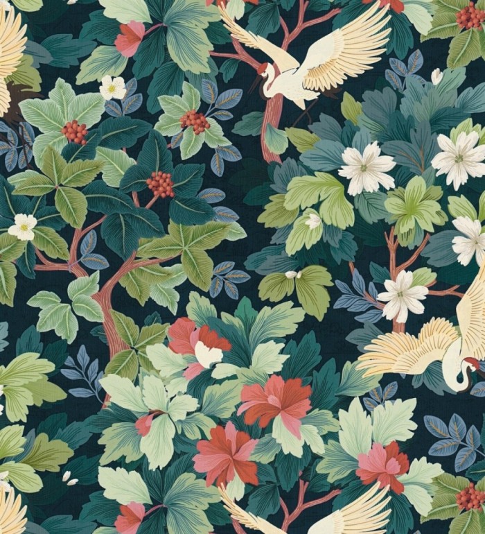 Papel pintado jardín japonés grullas y flores fondo azul oscuro - Sakura Vibrant 684996