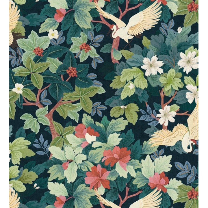 Papel pintado jardín japonés grullas y flores fondo azul oscuro - Sakura Vibrant 684996