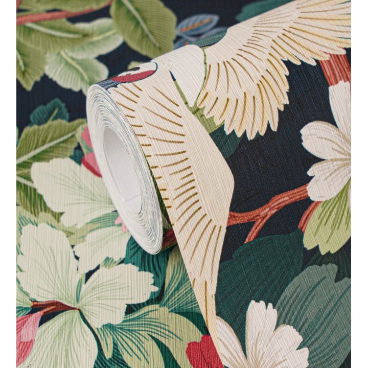 Papel pintado jardín japonés grullas y flores fondo azul oscuro - Sakura Vibrant 684996