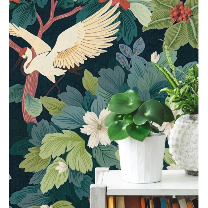 Papel pintado jardín japonés grullas y flores fondo azul oscuro - Sakura Vibrant 684996