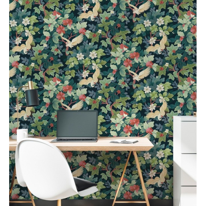 Papel pintado jardín japonés grullas y flores fondo azul oscuro - Sakura Vibrant 684996