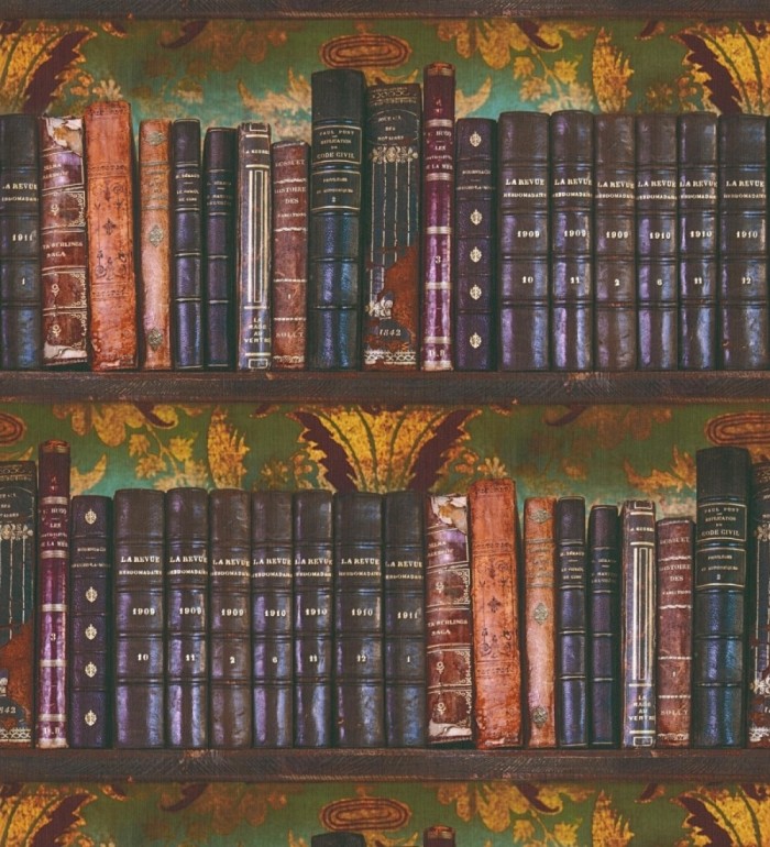 Papel pintado librería antigua lomos de piel fondo damasco dorado y verde - Cambridge Ancient 684998