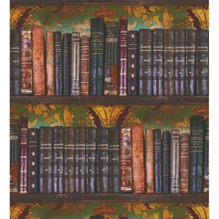 Papel pintado librería antigua lomos de piel fondo damasco dorado y verde - Cambridge Ancient 684998