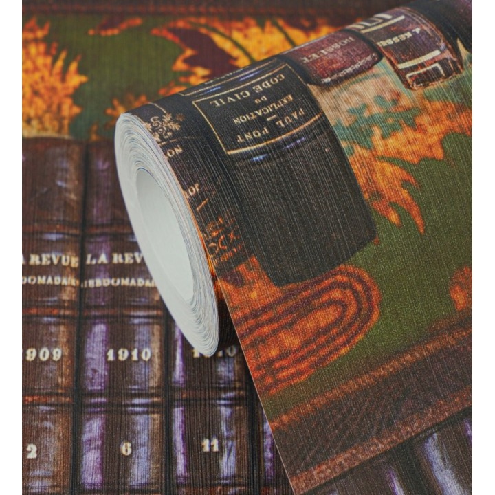 Papel pintado librería antigua lomos de piel fondo damasco dorado y verde - Cambridge Ancient 684998