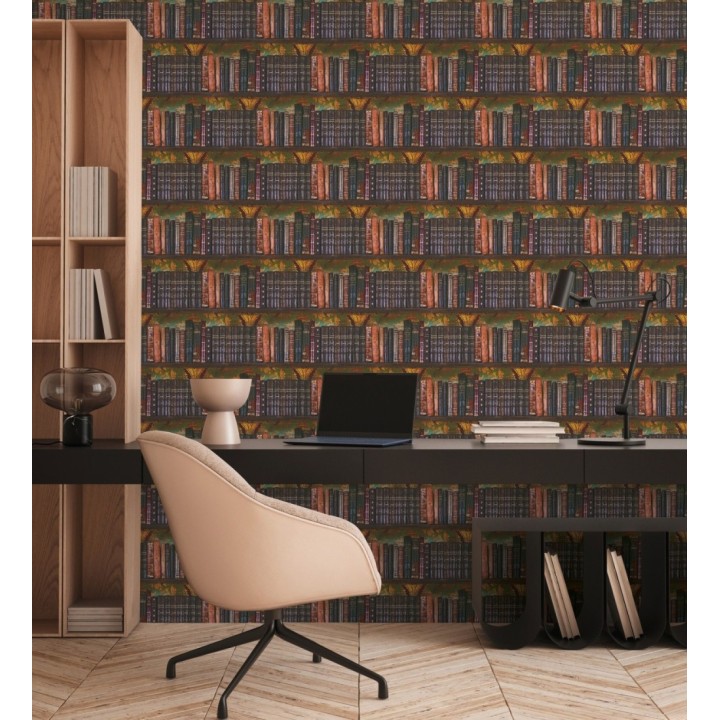 Papel pintado librería antigua lomos de piel fondo damasco dorado y verde - Cambridge Ancient 684998