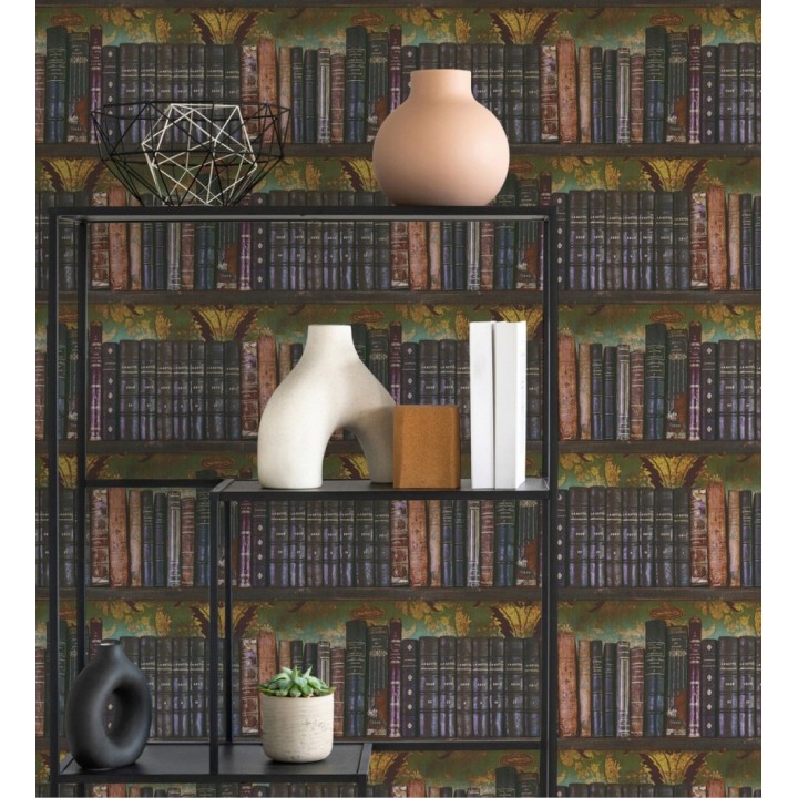 Papel pintado librería antigua lomos de piel fondo damasco dorado y verde - Cambridge Ancient 684998